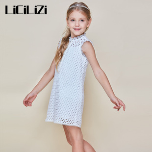 LiCiLiZi女童连衣裙白色圆领无袖蕾丝镂空休闲简洁洋气透气背心裙