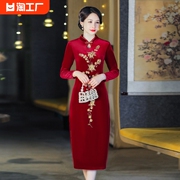 金丝绒长款刺绣旗袍2023年中国风复古日常可穿气质优雅连衣裙