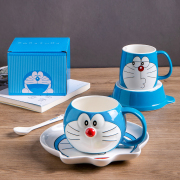 哆啦a梦儿童水杯陶瓷，可爱机器猫蓝胖子，碗盘套装家用叮当猫带盖杯