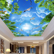 客厅卧室大型天顶3d壁纸，吊顶天花板壁画墙纸，画房顶棚绿色风景树枝