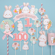 卡通q版兔子粉色主题，可爱呆萌宝宝生日派对，甜品台蛋糕装饰品插牌