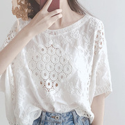 白色雪纺衫女短袖2024夏季洋气韩版宽松时尚镂空蕾丝上衣女潮