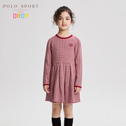 polosport童装女童长袖连衣裙，2024春季儿童红色洋气格子裙