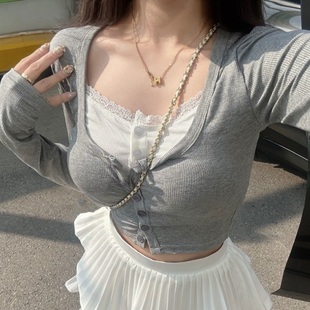 韩国东大门秋季修身显瘦蕾丝拼接显身材，假两件长袖开衫t恤女