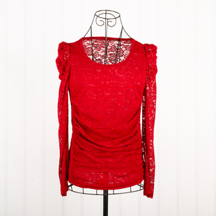 秋季帛逸田园纯色修身甜美低圆领长袖蕾丝，常规大红色体恤衫打底衫