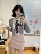 秋装搭配一整套韩系学院风针织衫毛衣短款衬衫美式校园短裙两件套