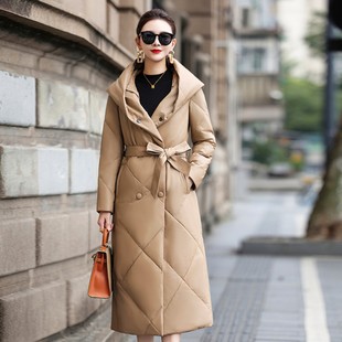 海宁真皮绵羊皮鹅绒羽绒服长款外套女2024冬季新款收腰双排扣皮衣