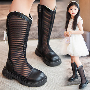 儿童马丁靴2024夏高筒靴，小女孩网面皮靴，公主风网靴女童镂空长筒靴