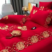 高档刺绣全棉婚庆四件套新婚红色，纯棉被套婚床六件套结婚床上用品