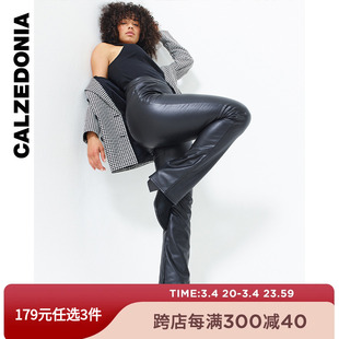 calzedonia女士时尚薄绒皮裤，打底裤黑色喇叭裤modp1012