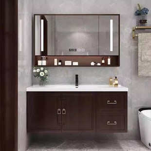 橡木简约现代智能浴室柜，镜柜组合烤漆实木，新中式卫生间洗漱台陶瓷
