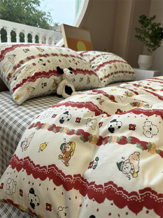 韩系卡通草莓狗狗条纹床上四件套可爱全棉纯棉1.5m1.8米宿舍被套
