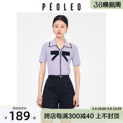 飘蕾温柔系优雅甜美上衣女2023夏季撞色蝴蝶结针织衫peoleo