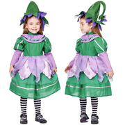 万圣节服装丛林地精泡泡袖绿紫色裙花仙子精灵服多层裙摆花瓣帽