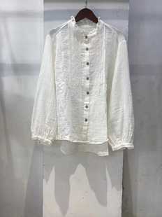 18376木耳花边领刺绣，双层棉纱长袖白衬衫灯笼袖单排扣t恤防晒开衫