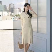 韩国女装Clicknfunny 轻奢名媛气质双排扣收腰连衣裙