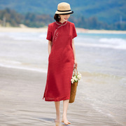 红色高考送考旗袍，女夏季2024国风刺绣，苎麻复古绣花连衣裙