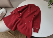 笑笑家童装裙子女童钉珠荷叶边针织，毛线连衣裙秋冬红色新年毛衣