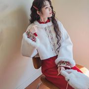 新中式国风少女感短款长袖毛呢外套，改良红色旗袍，连衣裙套装秋冬款