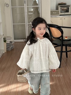 2024春季女童纯色泡泡袖提花衬衫韩版儿童气质灯笼袖娃娃上衣