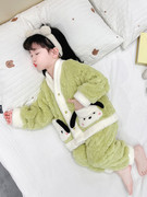 女童睡衣秋冬款保暖法兰绒卡通开衫套装宝宝儿童珊瑚绒冬季家居服