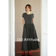 1313设计感拼接灰色T恤裙连衣裙女显瘦收腰短袖休闲长裙