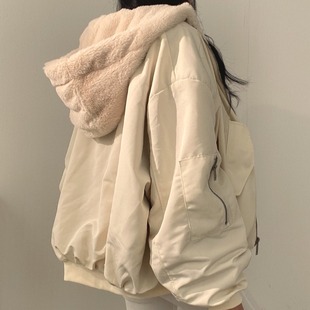 韩国chic休闲气质宽松加绒加厚两面，穿羊羔毛棉服(毛棉服，)女外套秋冬季棉衣