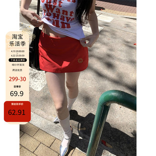 label方红色半身裙女2024年夏季韩版刺绣高腰小众，a字短裙ins