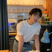 韩国男装东大门短袖T恤纯色圆领拼接高街打底休闲体恤衫TEE衫