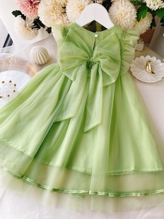 公主裙女童裙子绿色，小女孩连衣裙蝴蝶结儿童夏装，纱裙女宝宝蕾丝裙