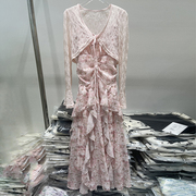 2024春夏季碎花中长款连衣裙粉色吊带荷叶，边温柔风两件套裙子