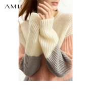 Amii2024冬极简彩色宽松马海毛羊毛混纺撞色中长落肩袖毛衣女
