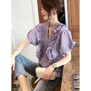 紫色v领泡泡袖衬衫女荷叶，边格子拼接显瘦衬衣，2024夏季欧洲站