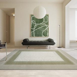 奶油风地毯客厅绿色茶几毯几何图案现代简约高级轻奢短毛混纺毯面