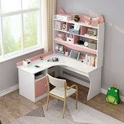 卧室现代简约学生女孩粉色，儿童房书桌书柜，组合一体转角书架写字桌