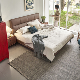意式极简头层牛皮齐边床轻奢，现代主卧室，真皮床1.8米双人软包婚床