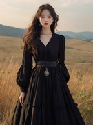 赫本风黑色丝绒连衣裙冬装女2023年在逃公主古着vintage长裙
