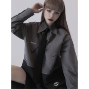 领带衬衫女设计感小众韩版潮流宽松长袖2024西服拼接灰色百搭衬衣