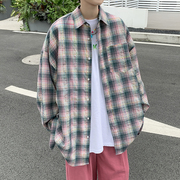 港风bf格子长袖衬衫男夏季潮流，休闲防晒衬衣宽松百搭情侣薄款外套