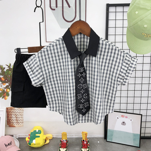男童短袖格子衬衣宽松韩版2023夏季蝙蝠袖儿童时尚衬衫个性娃娃衫