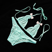 蝴蝶结比基尼套装薄荷绿甜美纯欲泳衣，大胸软妹低腰，性感情趣鲍鱼裤
