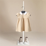 伯米吉童装女童杏色白娃娃领纯色连衣裙儿童宝宝百褶抽褶短袖裙子