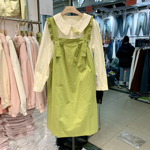 宽松森日系背带裙两件套女2024春季法式甜美小个子绿色连衣裙