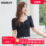 highday轩日夏季法式方领泡泡袖上衣女设计感褶皱纹理黑色短袖T恤