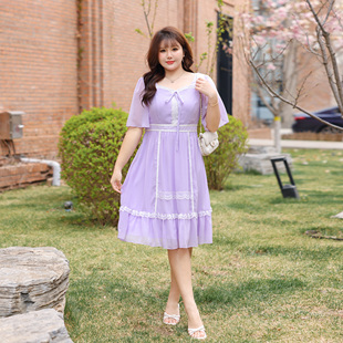 大码女装法式紫色轻淑茶歇中长款连衣裙2024夏季温柔减龄透气