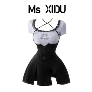 Ms XIDU 纯欲风短款蕾丝拼接上衣夏2023收腰挂脖连衣裙套装女