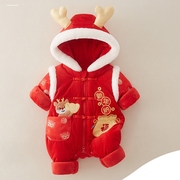 新年大红色新年夹棉婴儿，连帽外套男女宝宝，保暖连体衣拜年棉服哈衣