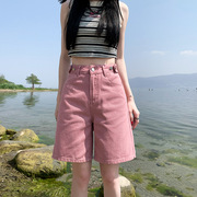 五分牛仔短裤女夏季薄款腰围可调节2024高腰显瘦宽松中裤粉色