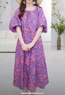 fafa裙aum噢姆2024夏季紫色印花宽松版，甜美风连衣裙m1eg23856