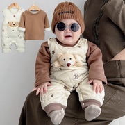 婴儿夹棉连体衣宝宝薄棉背带裤，加绒保暖套装，新生儿童外出服春秋冬